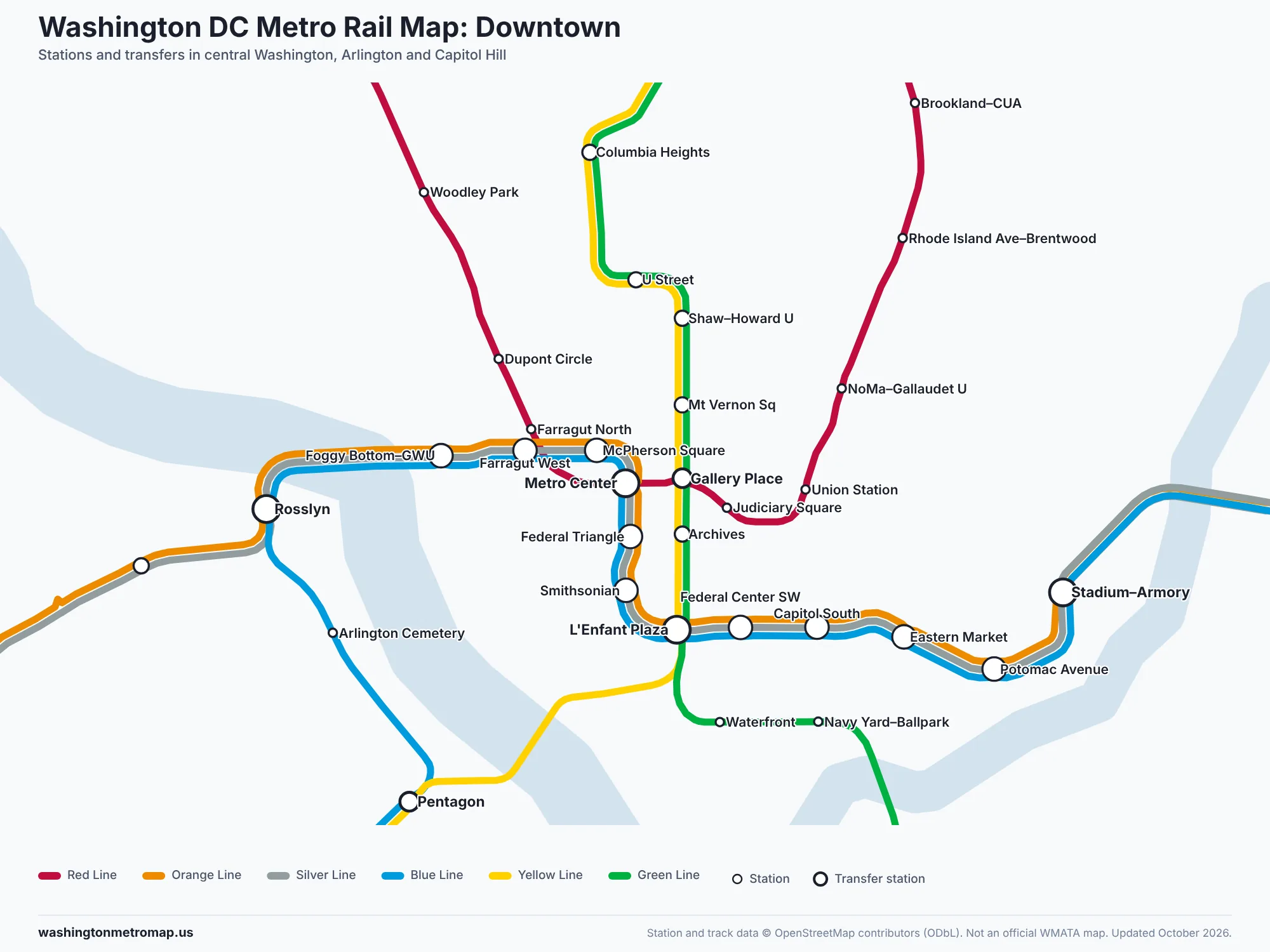 Washington DC Metro Rail Map: Downtown Metro rail map of downtown Washington DC showing stations and transfer points from Rosslyn and Pentagon to Union Station and Stadium–Armory