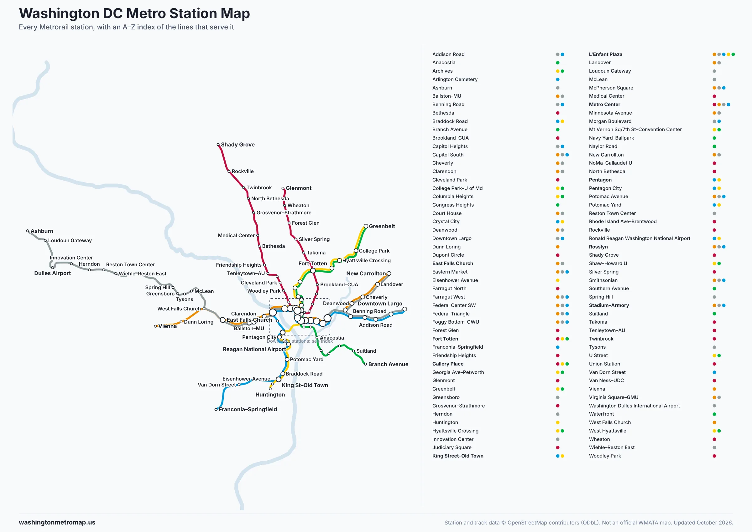 Washington DC Metro Station Map Washington DC Metro station map with every station marked and an alphabetical station index showing the lines at each station
