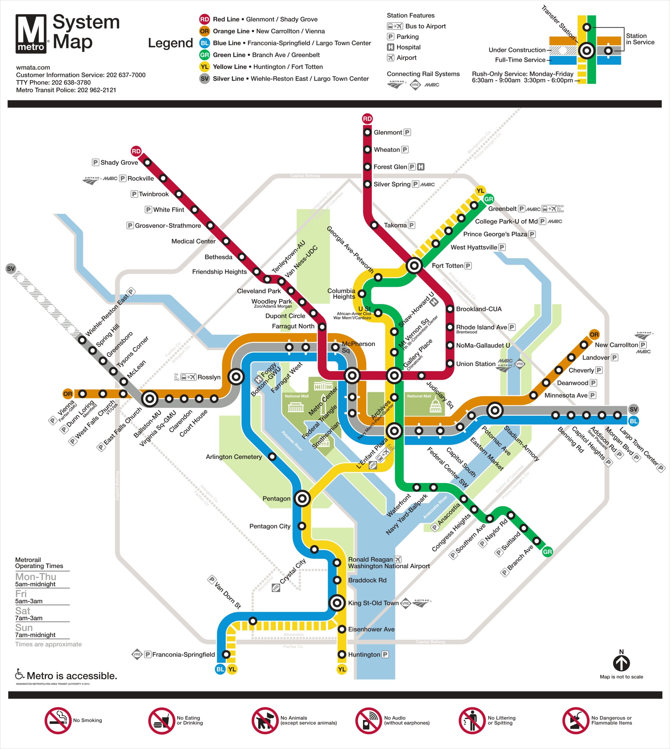 A map of the Washington DC Metro system, showing all six lines (Red, Blue, Orange, Silver, Yellow, and Green) and their stations. The map also includes information about transfer stations, parking, and accessibility.